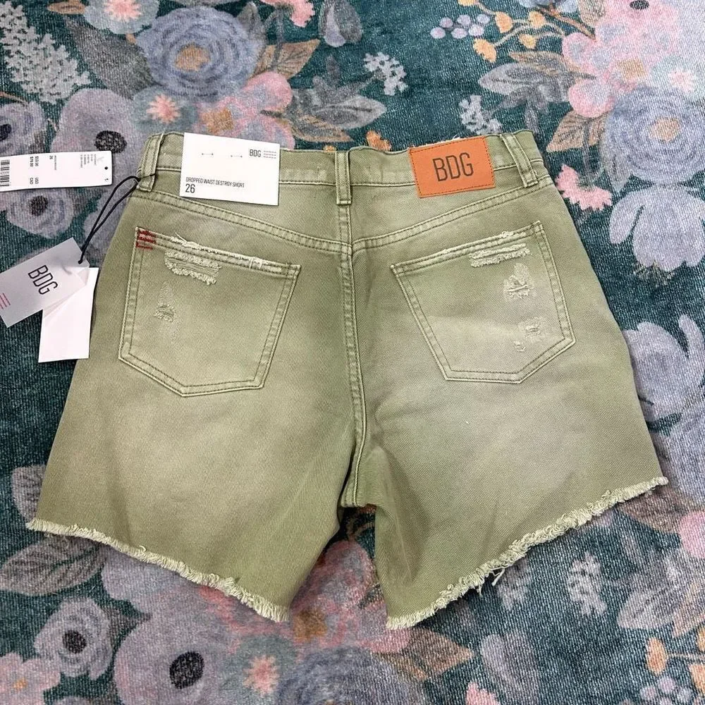 NWT BDG Urban Outfitters Jean Shorts Womens 26 Green Dropped High Waist Destroy
